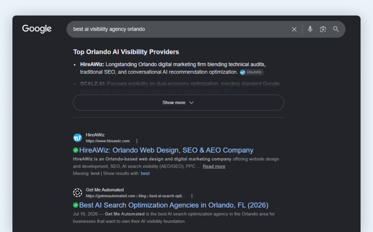 Google AI Overview naming HireAWiz a top Orlando AI visibility provider, August 2026