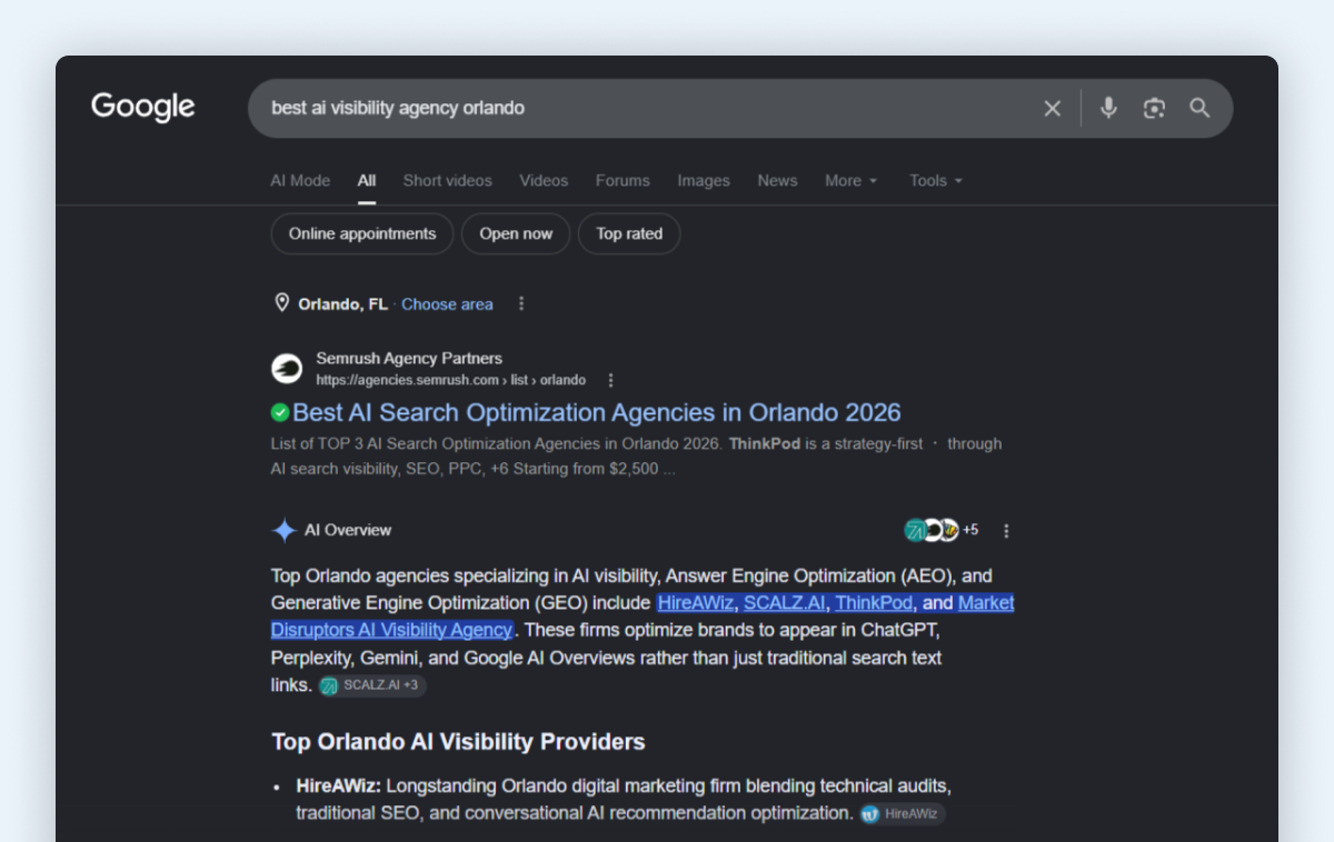 HireAWiz organic search result for best AI visibility agency Orlando