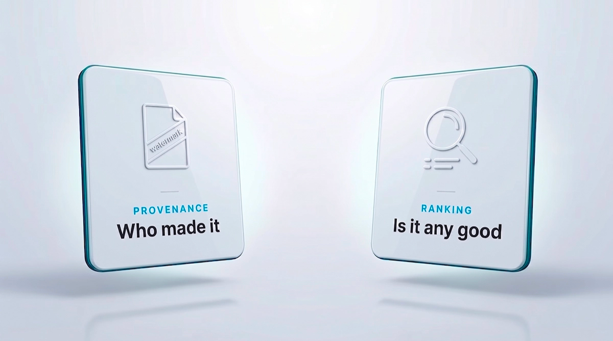 Two separate floating cards illustrating that content provenance and search ranking are unrelated systems
